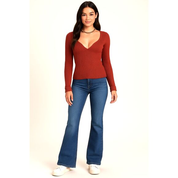 Lulus Rust Red Rib Knit Sweetheart Sweater Small Coquette Y2K Style - Picture 1 of 6